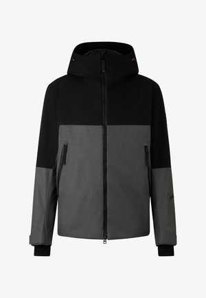 Veste pour homme en noir et gris, avec une fermeture éclair, une capuche, deux poches latérales, et un design coloré avec des panneaux lisses et texturés.