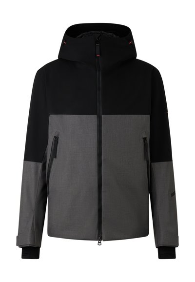 Pánská bunda v černé a šedé barvě, s přezkou na zip, kapucí, dvěma bočními kapsami a designem v blokových barvách s hladkými a texturovanými panely.