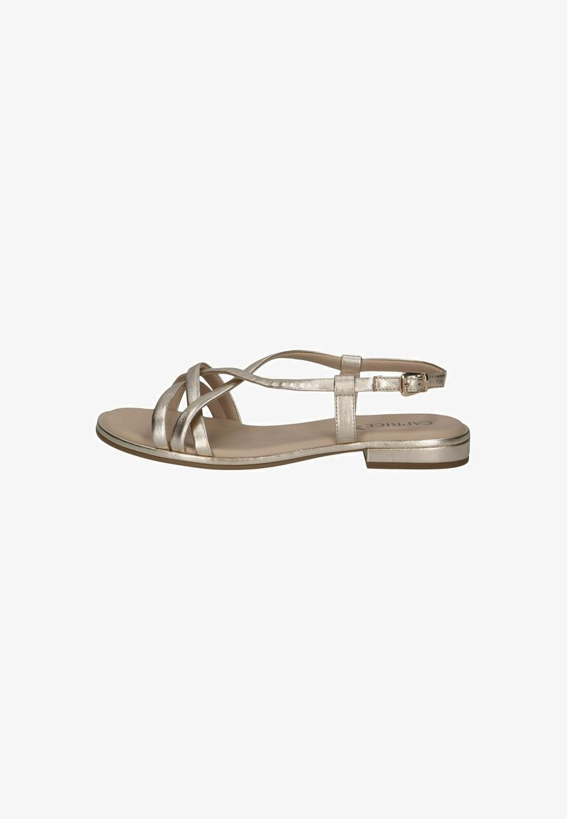 Metallinen kultainen tasapohjainen sandaali, jossa on ristikkäiset hihnat, säädettävä solki ja sileä pohja. Ominaisuuksiin kuuluu minimalistinen muotoilu ja kestävä rakenne.