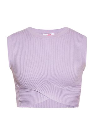 Top croptop de un lila deschis, realizat dintr-o țesătură ribbed, având un guler rotund și un detaliu răsucit în față. Design fără mâneci.