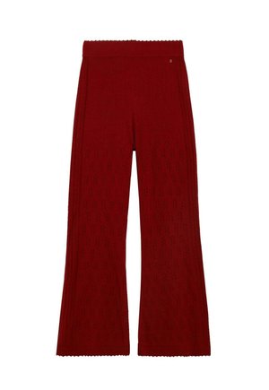 Pantalones anchos tejidos de punto en color rojo con un patrón texturizado, cintura elástica y bordes con dobladillo en forma de ondas.