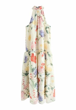 Abito halter stampato floreale in tessuto morbido, con una base di crema chiara e fiori multicolori, design a strati e scollo arricciato.