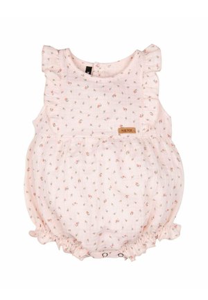 Pinkfarbenes ärmelloses Baby-Strampler mit kleinem Blumenmuster, gerafften Schultern, elastischen Beinöffnungen und Druckknöpfen am unteren Ende.