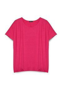 Top fucsia de manga corta hecho de tejido ligero, con escote redondo, detalles fruncidos en los hombros y un corte relajado.