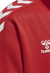 Rød langærmet sportjakke med hvidt chevronmønster på skulderen og logo trykt i hvidt. Glat tekstur med en tætsiddende design.