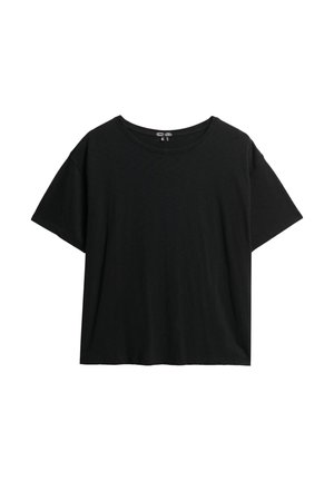 Sort kortærmet T-shirt lavet af blødt stof. Den har en rund halsudskæring og en afslappet pasform, uden synlige mønstre eller detaljer.