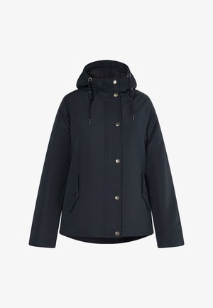 Veste imperméable bleu marine avec capuche, dotée d'une fermeture à boutons-pression, de deux poches latérales et de cordons de serrage réglables pour la capuche.