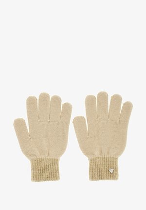 Beżowe, dzianinowe rękawiczki z prążkowanymi mankietami, z małym metalowym logo w kształcie trójkąta. Zaprojektowane z pięcioma otworami na palce dla lepszej zręczności.