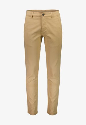 Chinos in light tan fabric with a straight-leg design, featuring a single front button and four pockets. Smooth texture and tailored fit.