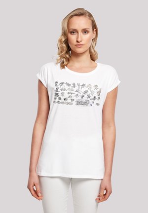 Weißes Baumwoll-T-Shirt mit kurzen, gerollten Ärmeln, mit einem cartoonhaften Grafikdruck in Schwarz und Grau, der verschiedene Charaktere darstellt.
