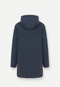 Tmavo modrá dlhá zimná bunda s kapucňou, zobrazená zozadu na bielom pozadí.