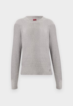 Helehall kampsun tekstuurse kootud mustriga, millel on ümarlõikega kaelus ja pikad varrukad. Äärisel üksikasjalik kootud muster.