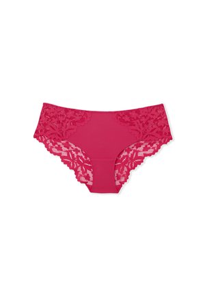 Culotte en dentelle rose et tissu uni avec un bord en dentelle à motifs floraux sur les côtés, offrant une finition sans couture pour le confort.