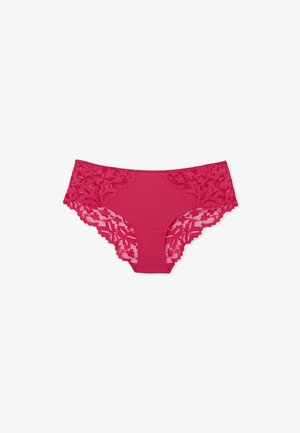 Culotte en dentelle rose et tissu uni avec un bord en dentelle à motifs floraux sur les côtés, offrant une finition sans couture pour le confort.