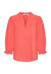 Koralbluse med mandarin-krave, nøglehul-udskæring og lange, puffede ærmer med elastiske manchetter og tekstureret stof.