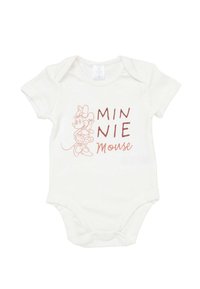 Body neonato bianco con un'illustrazione di Minnie Mouse rossa e la scritta "MINNIE Mouse" sul davanti, dotato di maniche corte e bottoni a pressione.