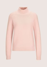 Heller rosafarbener Strickpullover mit langen Ärmeln und hochgesäumtem Rollkragen auf neutralem Hintergrund.