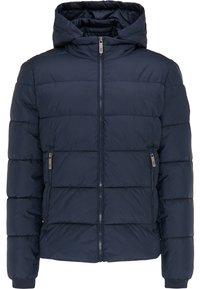 Marinblå puffjacka med huva, med vadderade sektioner, två fickor med dragkedja på sidorna och dragkedja fram. Mjuk, isolerad material.