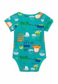 Rövid ujjú bodyn sötétkék pamutból, béka, autó és felhő mintával. Narancssárga, zöld és kék kiegészítők jellemzik. Puha tapintású.