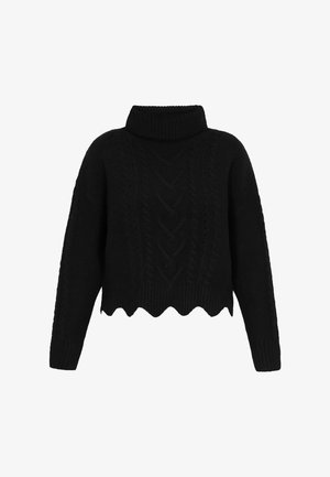 Black cropped sweater with a ribbed turtleneck, featuring cable knit patterns and a scalloped hem. Made of textured knit material.
