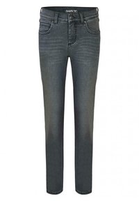 Sötétkék farmernadrág slim fit szabásban, öt zsebbel és finom kifakulással. Simább textúrájú denim anyagból készült, klasszikus derékkal.