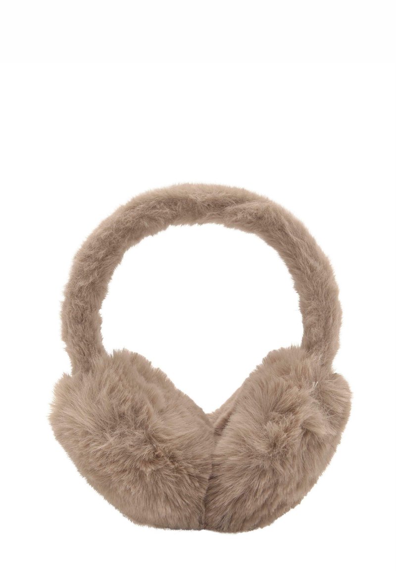 Încălzitoare pentru urechi din blană artificială, de culoare bej, cu un design rotunjit, având o căptușeală moale și o bandă flexibilă pentru cap, pentru confort și căldură.