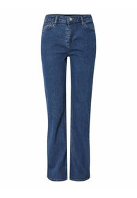 Denim jeans in dark blue, featuring a straight leg design, front pockets, and a classic button fly with silver hardware.
