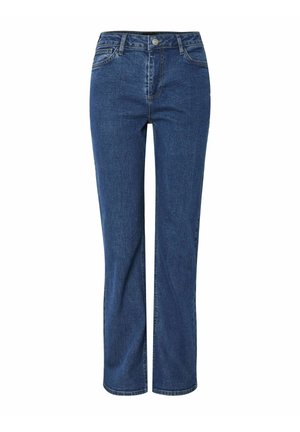 Jeans in denim blu scuro, con un design a gamba dritta, tasche frontali e una classica chiusura a bottoni con hardware argentato.