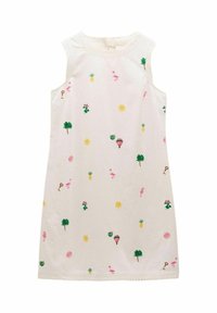 Weißes ärmelloses Kleid mit gestickten Motiven, darunter Flamingos, Ananas, Palmen und Sonnen. Dekorativer Besatz an den Schulternähten.