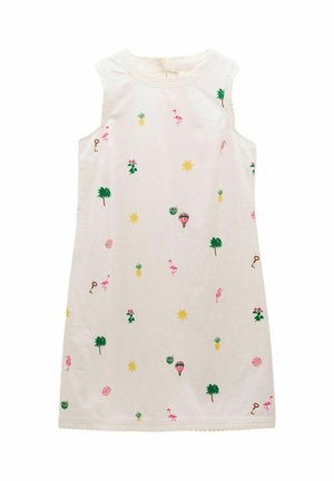 Hvid ærmeløs kjole med broderede motiver, herunder flamingoer, ananas, palmetræer og solen. Dekorativt kantbånd ved skuldersømmen.