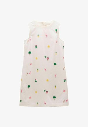 Rochie albă fără mâneci cu modele brodate, inclusiv flamingo, ananas, palmieri și soare. Danteluță decorativă pe cusăturile umerilor.