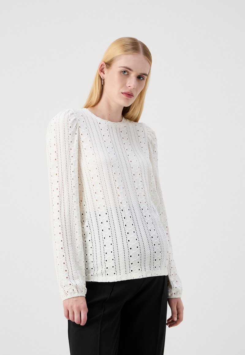 White long-sleeve blouse with eyelet patterns, round neck, and gathered shoulder detail. Paired with black trousers. Texture is airy and lightweight.