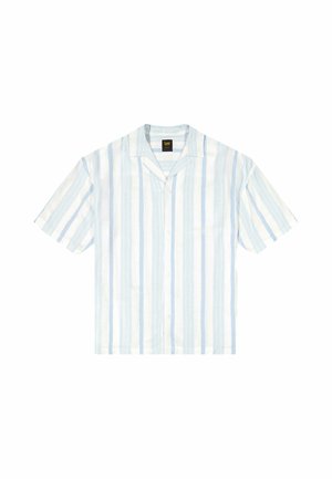 Camicia a maniche corte con bottoni, a righe verticali azzurre e bianche, collo alla coreana e etichetta del marchio Lee all'interno del collo.