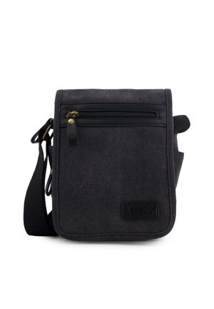 Zwarte stoffen crossbodytas met voorvak met ritssluiting, verstelbare riem en Venezia-logo op de rechteronderhoek.