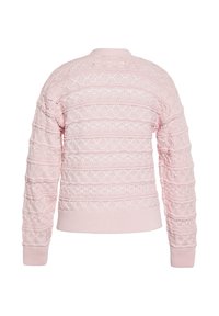 Maglione lavorato a maglia rosa chiaro con motivi testurizzati, caratterizzato da un collo rotondo e polsini e orlo a coste, che mette in evidenza dettagli in pizzo.