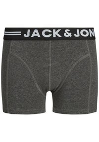 Grijze katoenen boxershorts met een zwarte elastische tailleband, voorzien van het witte "JACK & JONES" logo en contrasterende stiksels.