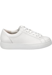 White leather sneaker with a smooth texture, rounded toe, and white laces. Features a rubber sole with subtle tread pattern.