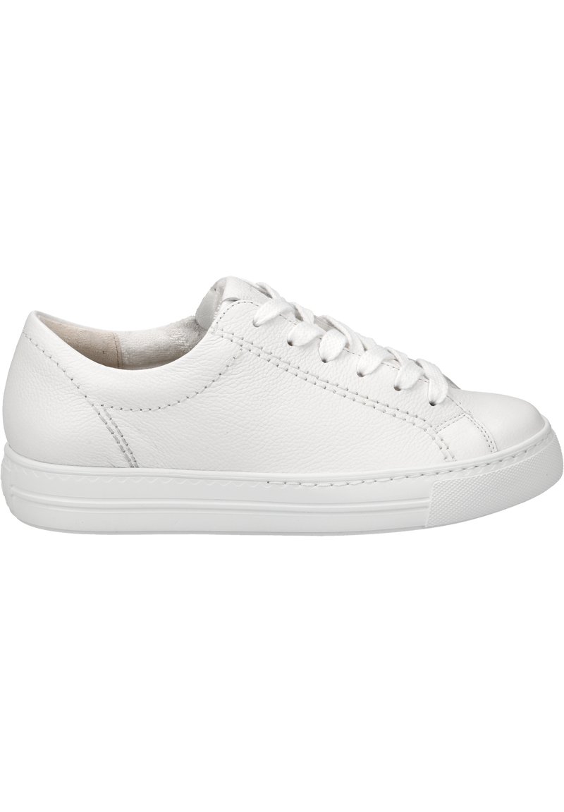 White leather sneaker with a smooth texture, rounded toe, and white laces. Features a rubber sole with subtle tread pattern.