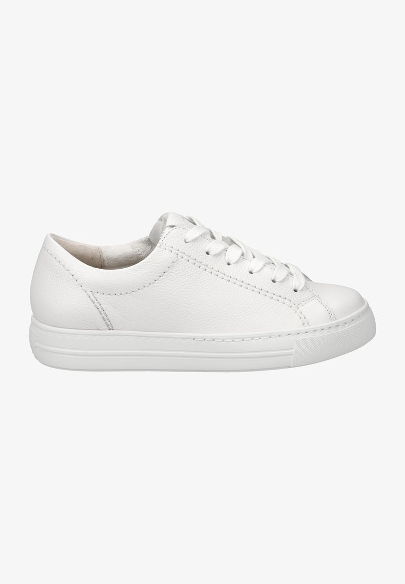White leather sneaker with a smooth texture, rounded toe, and white laces. Features a rubber sole with subtle tread pattern.