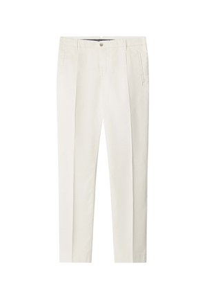 Krémové kalhoty na míru s předními záhyby, bočními kapsami, poutky na opasek a knoflíkovým zapínáním v pase.