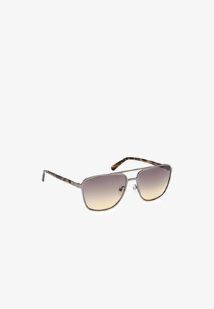 Metallsonnenbrille mit grauem Rahmen und verlaufenden Gläsern. Die Bügel haben ein Schildpatt-Muster; rechteckige Form mit glatten Kanten.