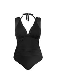 Maillot de bain noir en une pièce avec un décolleté plongeant, des liens de cou et un détail de tissu froncé à la taille pour un ajustement flatteur. Texture lisse.