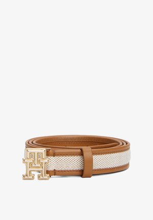 Tan leather belt features a white woven center with a textured pattern, secured by a gold-tone metal buckle with interlocking letters.
