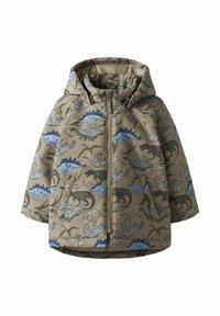 Veste à capuche pour enfants en khaki avec un imprimé dinosaure en bleu et vert. Comprend une fermeture éclair à l'avant et un tissu texturé pour plus de durabilité.