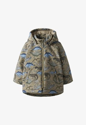 Hooded children's jacket in khaki with a dinosaur print in blue and green. Features a front zipper and textured fabric for durability.