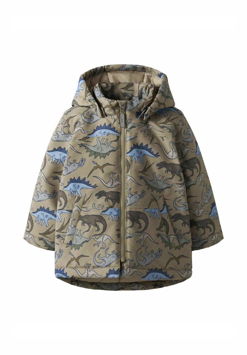 Veste à capuche pour enfants en khaki avec un imprimé dinosaure en bleu et vert. Comprend une fermeture éclair à l'avant et un tissu texturé pour plus de durabilité.