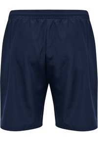 Mörkblå atletiska shorts med elastisk midja, lättviktsmaterial och slät yta. Enkelt utförande, inga synliga mönster eller detaljer.