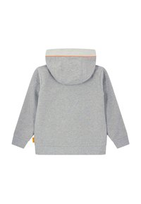 Grauer Hoodie mit einer Kapuze, der ein helles Innenfutter und einen orangefarbenen Akzent am Halsausschnitt aufweist. Weicher Stoff mit langen Ärmeln.