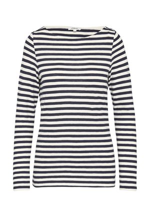 Maglia a maniche lunghe con scollatura a barca, caratterizzata da righe orizzontali blu navy e bianche. Realizzata in tessuto morbido e leggero con una texture liscia.