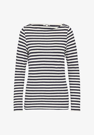 Langarm top met een bootnek, voorzien van horizontale navy en witte strepen. Gemaakt van zacht, lichtgewicht stof met een gladde textuur.